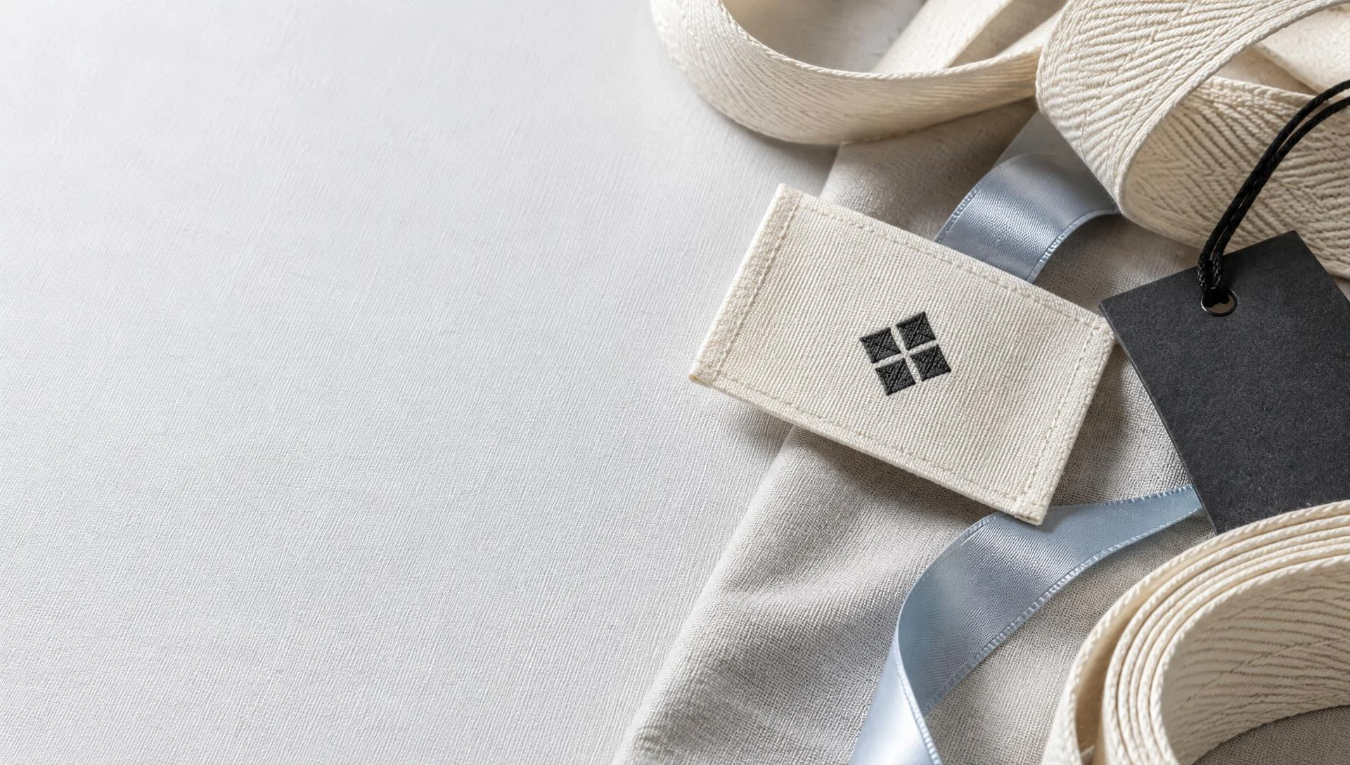 Illustrative garment label, hang tag and textile tapes in a tactile studio arrangement