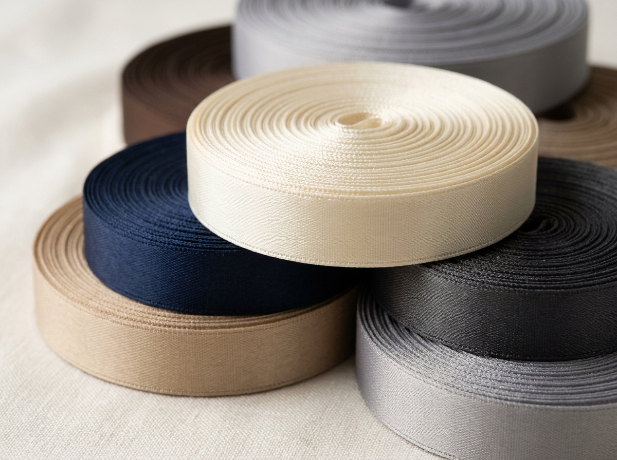 Coils of unbranded woven polyester tape with smooth synthetic finish